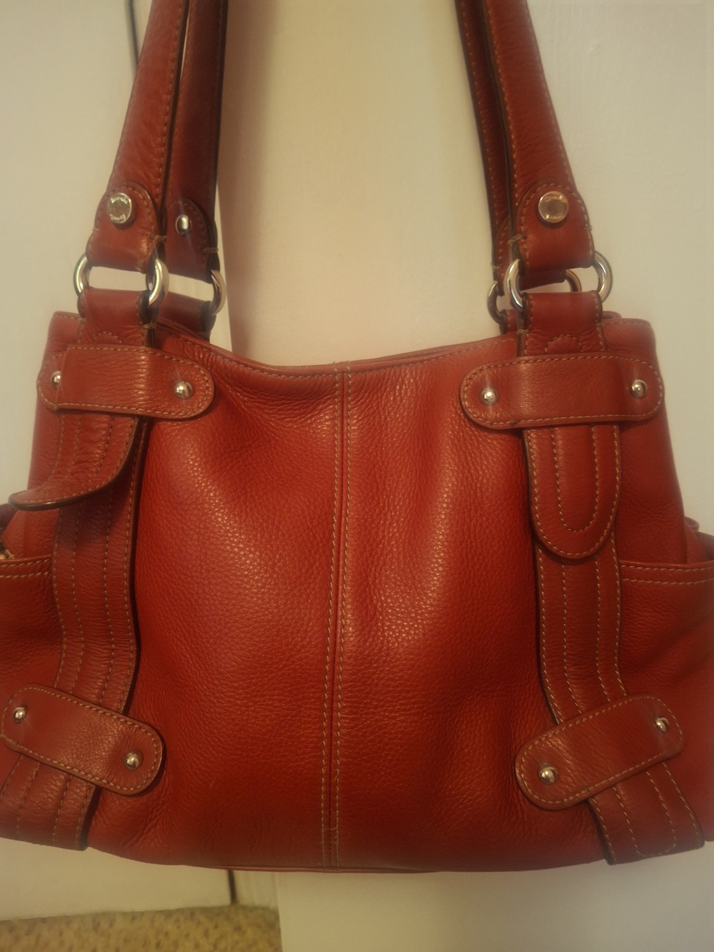 Highly Sought After Tignanello Red Perfect 10 Silver Toned Studded Bag